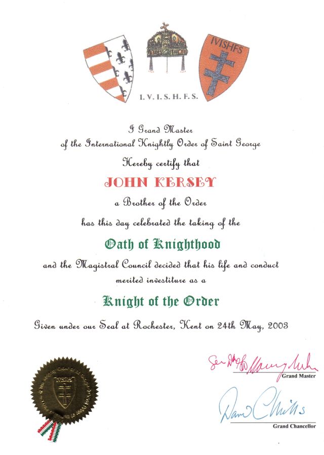 Honours and awards: Knightly Order of St George the Martyr and Honorary ...